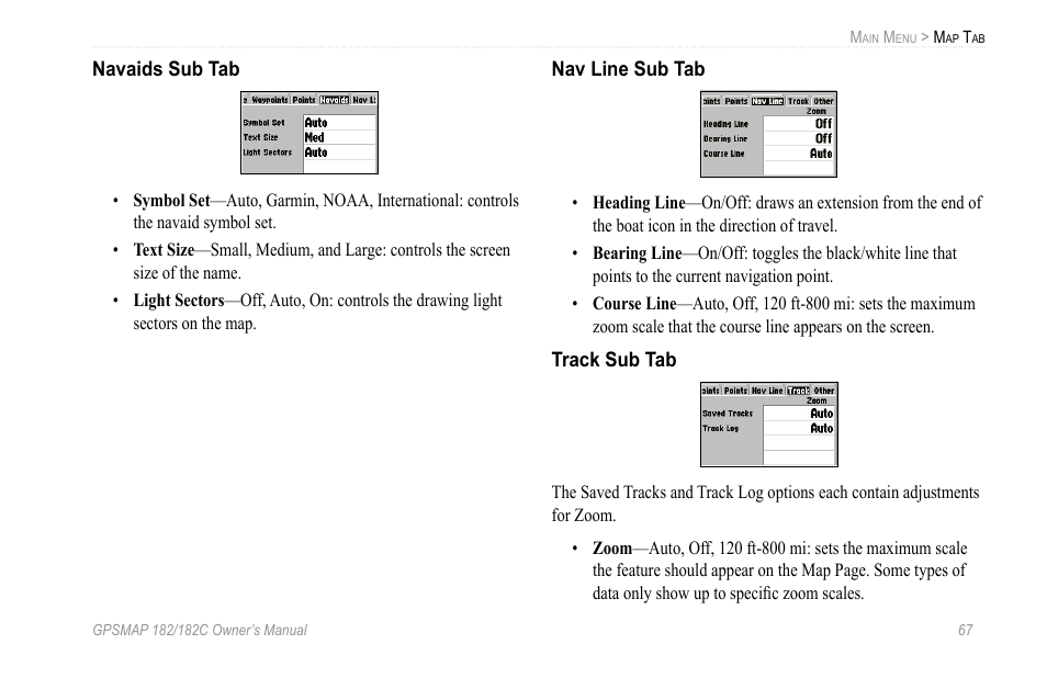 Navaids sub tab, Nav line sub tab, Track sub tab | Garmin GPSMAP 182C User Manual | Page 73 / 126