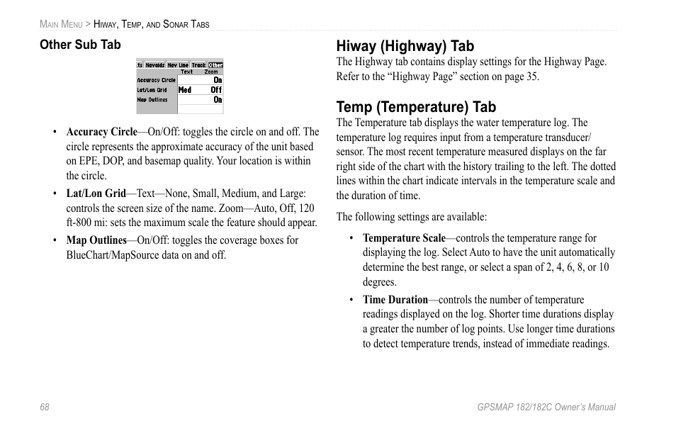 Other sub tab, Hiway (highway) tab, Temp (temperature) tab | Garmin GPSMAP 182C User Manual | Page 74 / 126