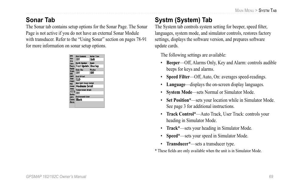 Sonar tab, Systm (system) tab | Garmin GPSMAP 182C User Manual | Page 75 / 126