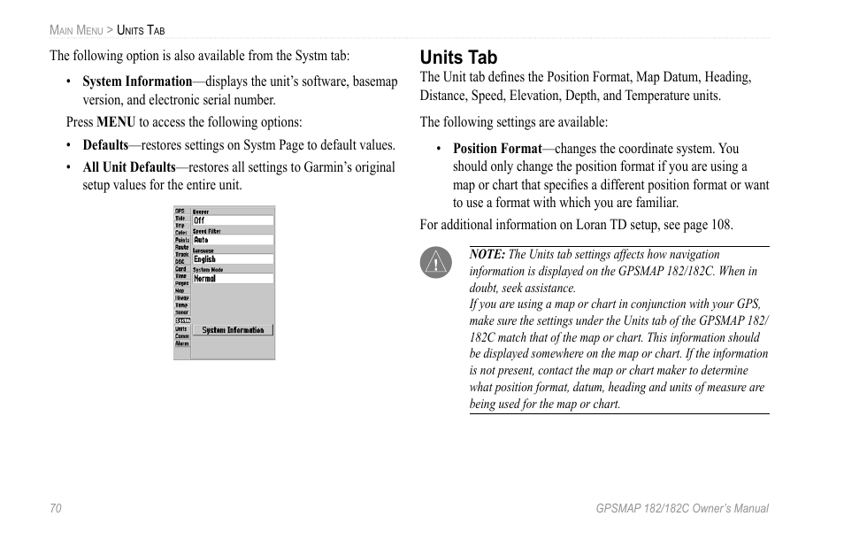 Units tab | Garmin GPSMAP 182C User Manual | Page 76 / 126