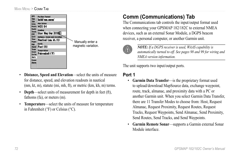 Comm (communications) tab | Garmin GPSMAP 182C User Manual | Page 78 / 126