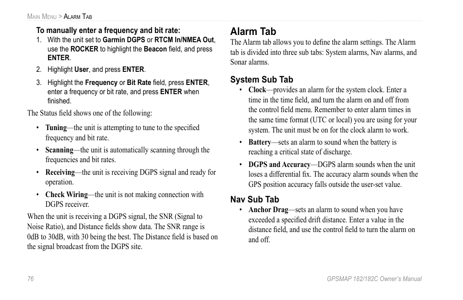 Alarm tab | Garmin GPSMAP 182C User Manual | Page 82 / 126