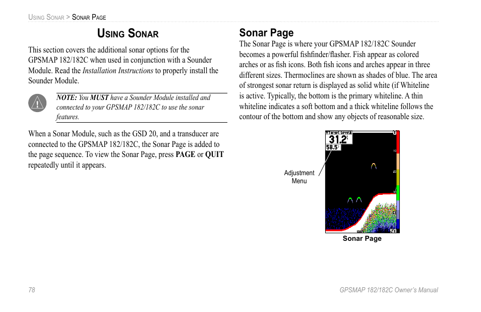 Using sonar, Sonar page | Garmin GPSMAP 182C User Manual | Page 84 / 126