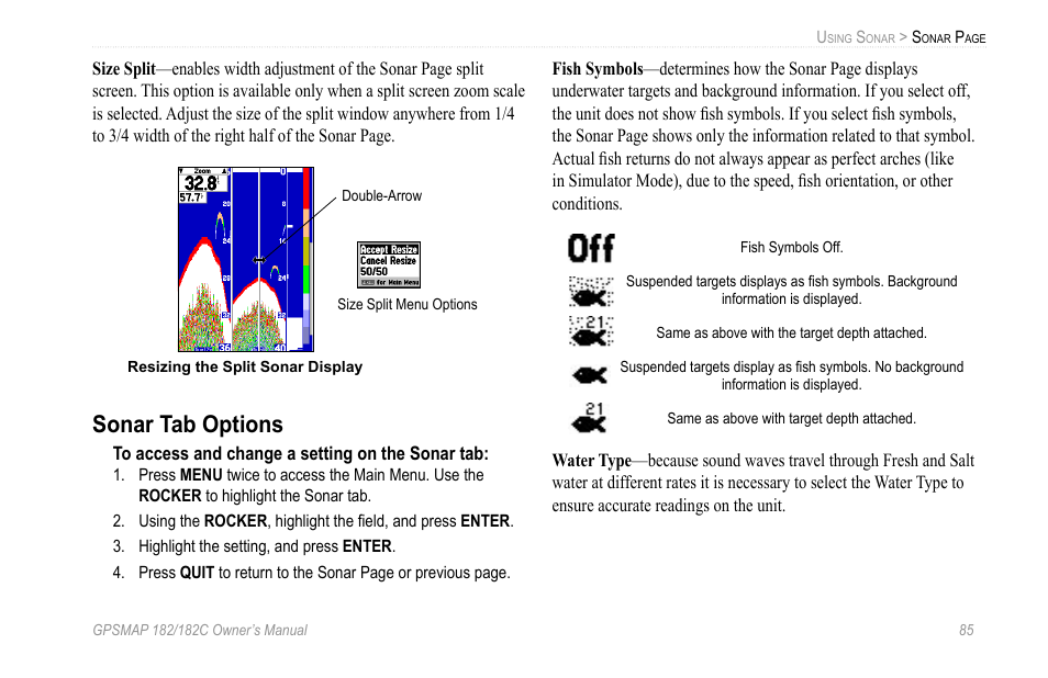 Sonar tab options | Garmin GPSMAP 182C User Manual | Page 91 / 126