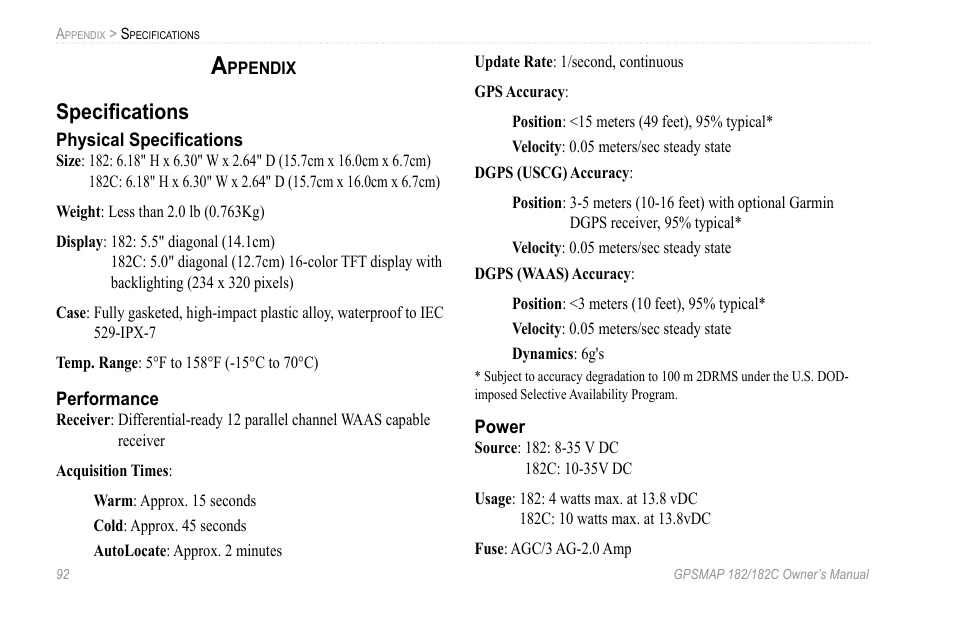 Appendix, Specifications, Speciﬁcations | Garmin GPSMAP 182C User Manual | Page 98 / 126