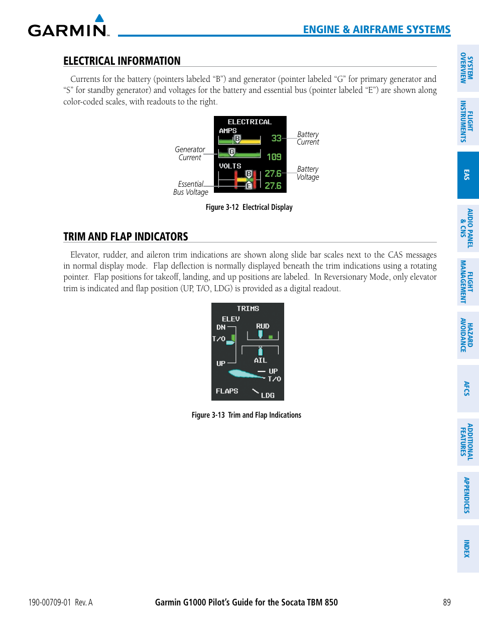 Electrical information, Trim and flap indicators, Engine & airframe systems | Garmin G1000 Socata TBM 850 User Manual | Page 101 / 588