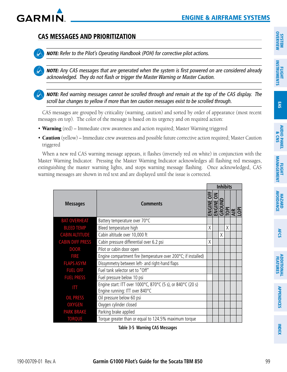 Cas messages and prioritization, Engine & airframe systems | Garmin G1000 Socata TBM 850 User Manual | Page 111 / 588