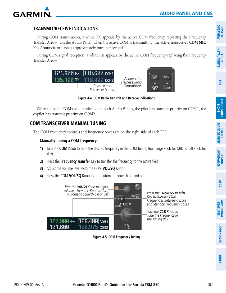 Com transceiver manual tuning, Audio panel and cns, Transmit/receive indications | Garmin G1000 Socata TBM 850 User Manual | Page 119 / 588