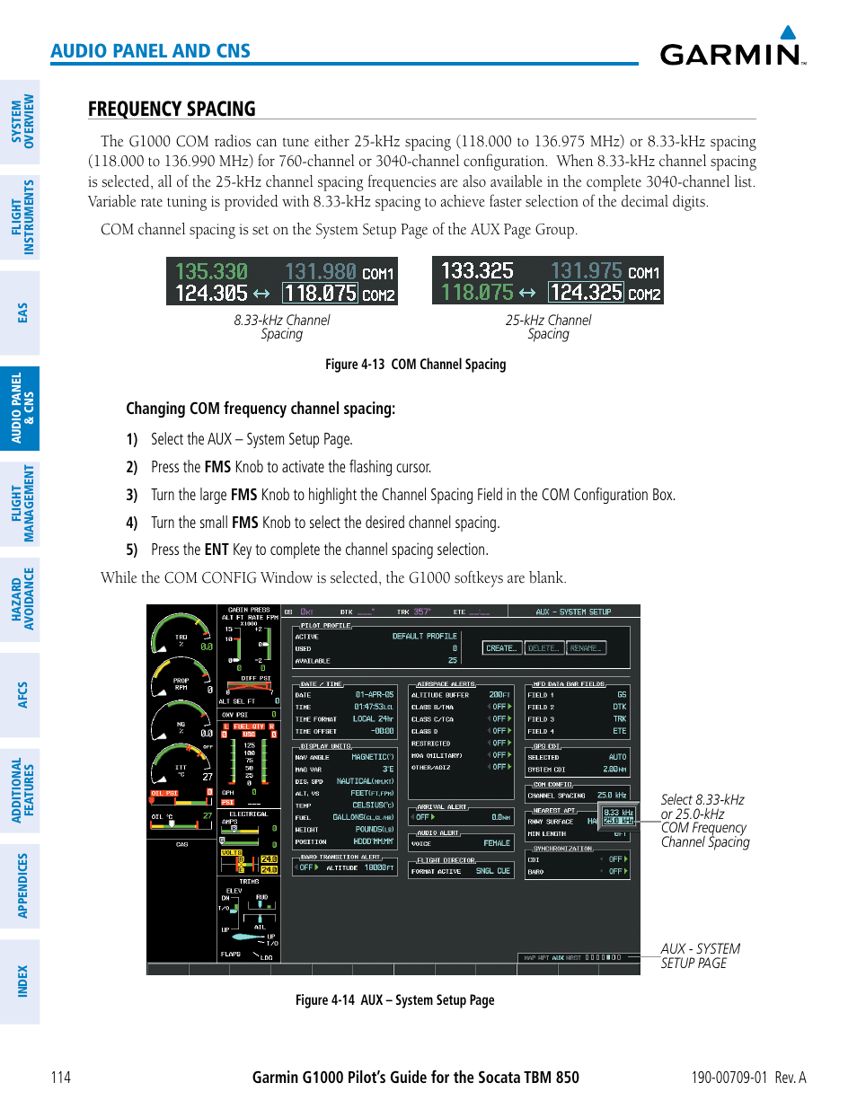 Frequency spacing, Audio panel and cns | Garmin G1000 Socata TBM 850 User Manual | Page 126 / 588