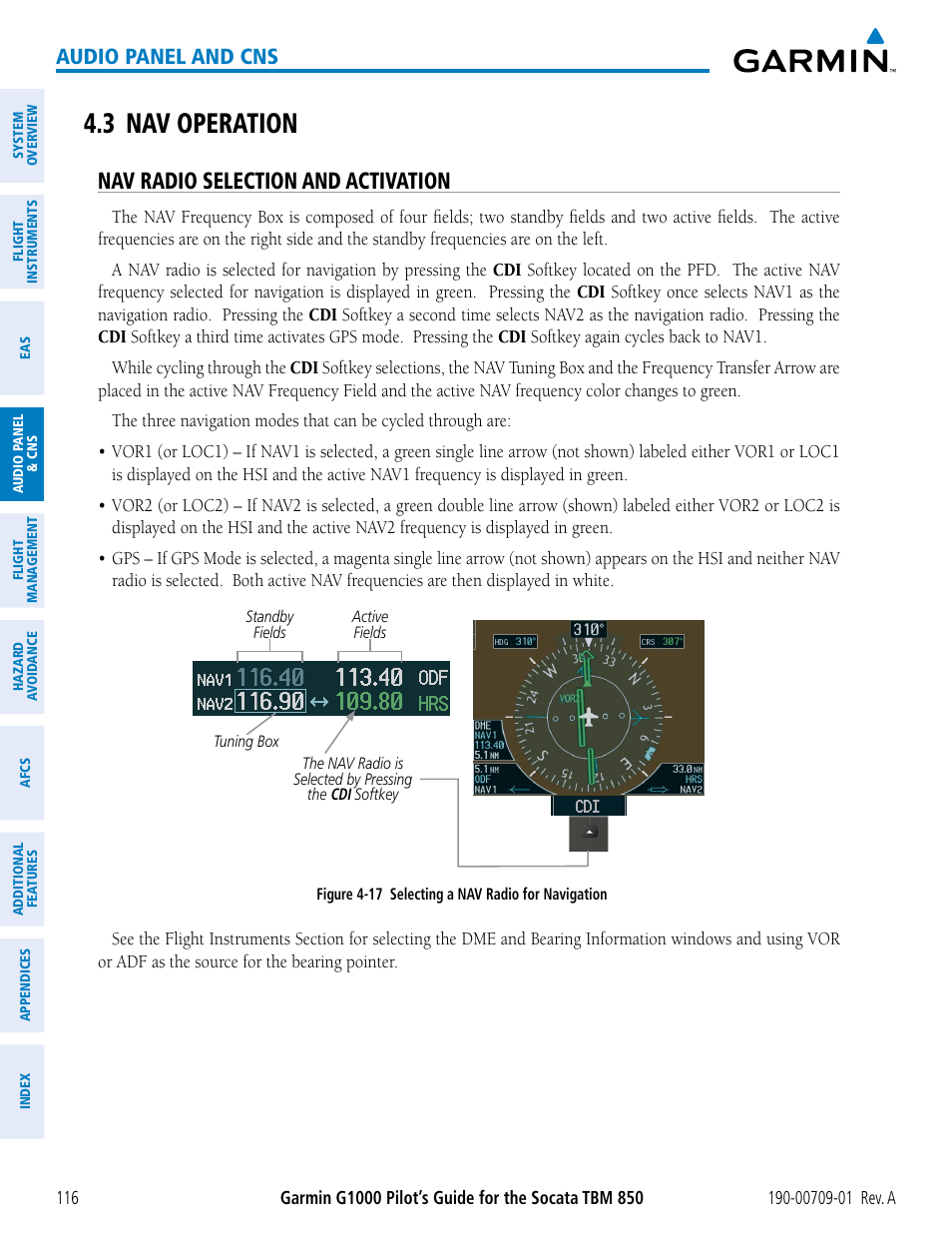 3 nav operation, Nav radio selection and activation, Audio panel and cns | Garmin G1000 Socata TBM 850 User Manual | Page 128 / 588