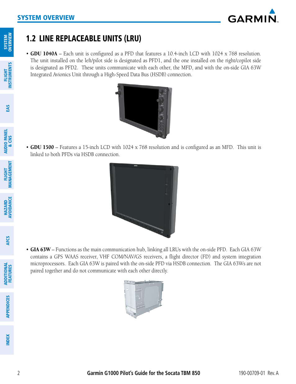 2 line replaceable units (lru), System overview | Garmin G1000 Socata TBM 850 User Manual | Page 14 / 588