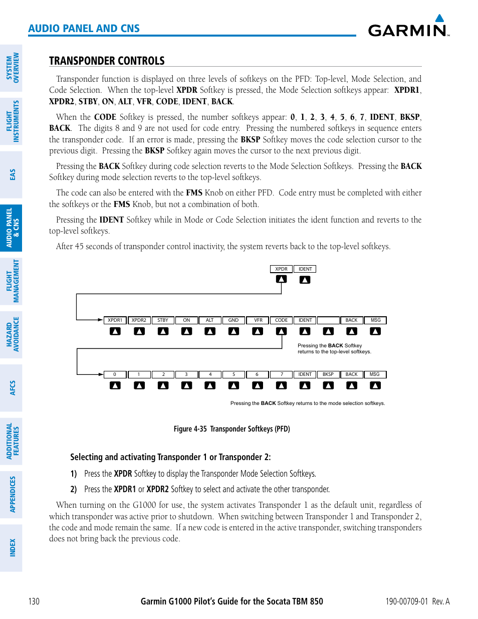 Transponder controls, Audio panel and cns | Garmin G1000 Socata TBM 850 User Manual | Page 142 / 588