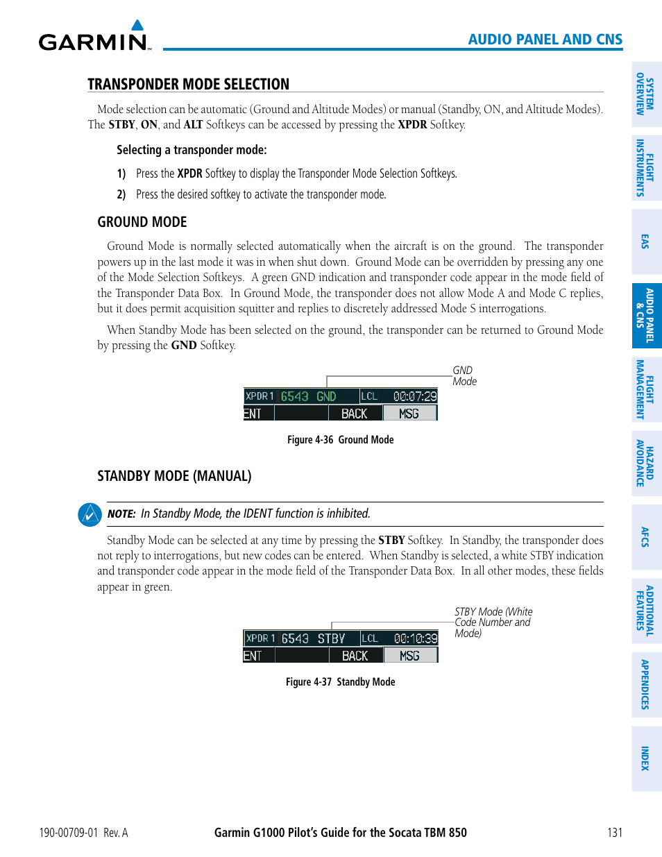 Transponder mode selection, Audio panel and cns, Ground mode | Standby mode (manual) | Garmin G1000 Socata TBM 850 User Manual | Page 143 / 588