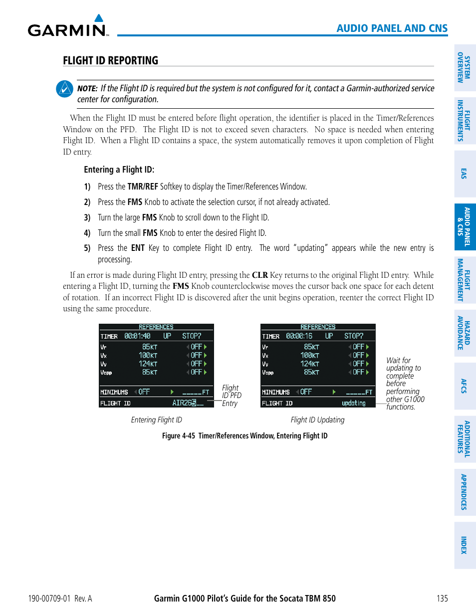 Flight id reporting, Audio panel and cns | Garmin G1000 Socata TBM 850 User Manual | Page 147 / 588