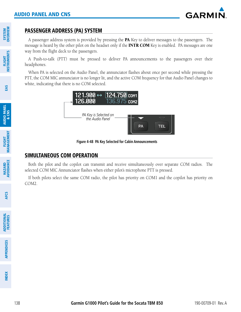 Passenger address (pa) system, Simultaneous com operation, Audio panel and cns | Garmin G1000 Socata TBM 850 User Manual | Page 150 / 588