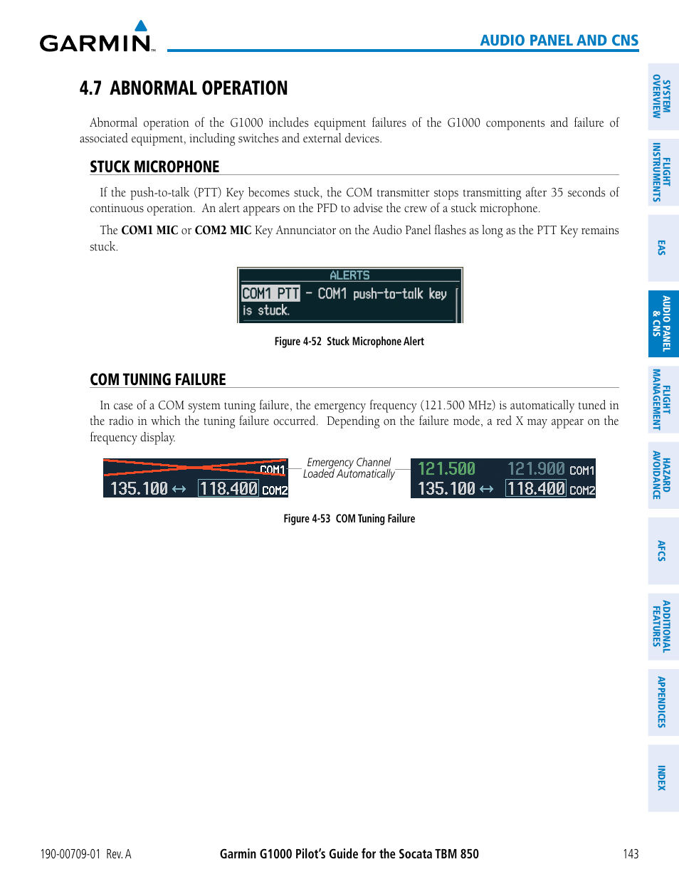 7 abnormal operation, Stuck microphone, Com tuning failure | Audio panel and cns | Garmin G1000 Socata TBM 850 User Manual | Page 155 / 588