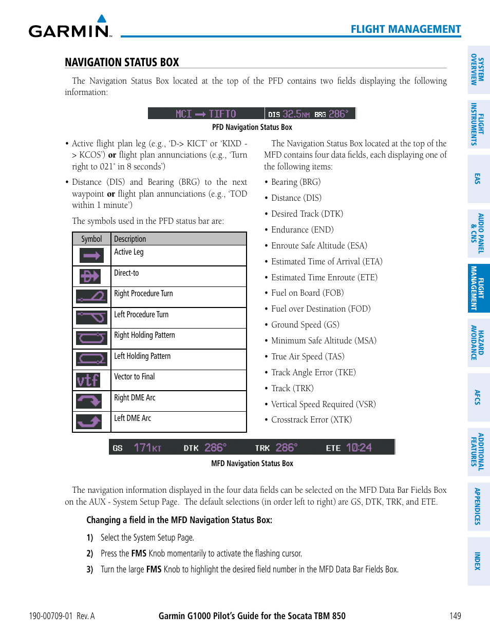 Navigation status box, Flight management | Garmin G1000 Socata TBM 850 User Manual | Page 161 / 588