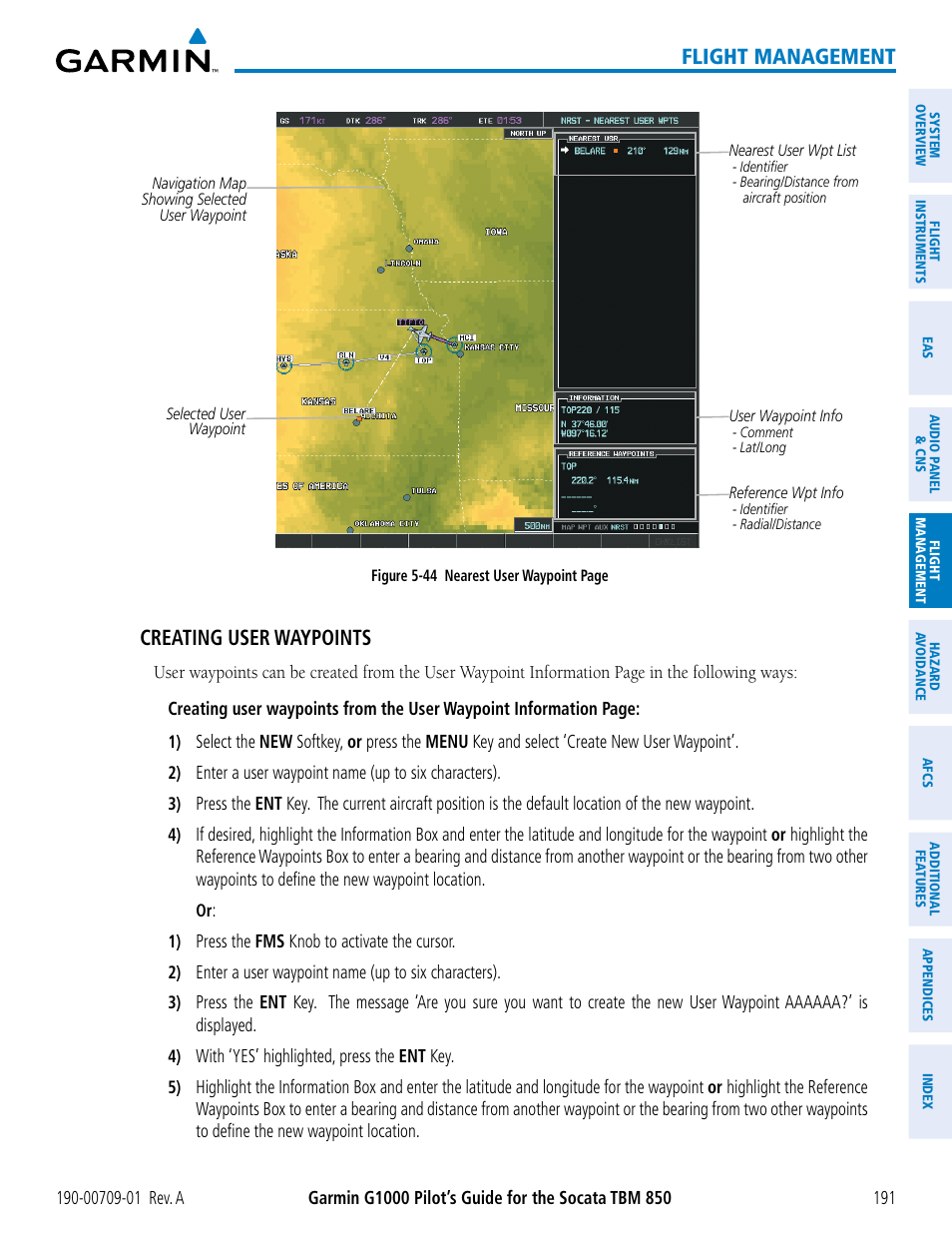 Flight management, Creating user waypoints | Garmin G1000 Socata TBM 850 User Manual | Page 203 / 588