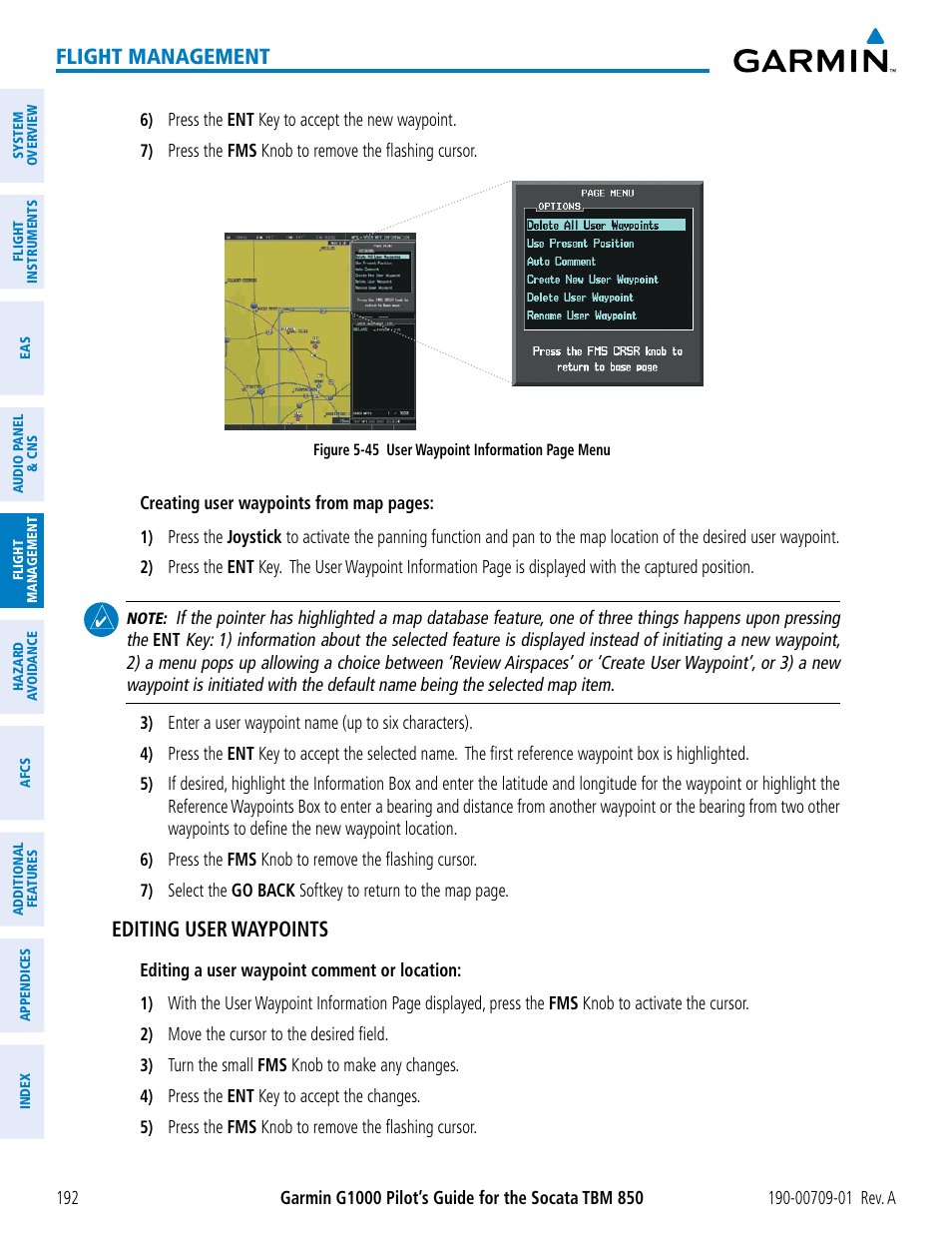 Flight management, Editing user waypoints | Garmin G1000 Socata TBM 850 User Manual | Page 204 / 588