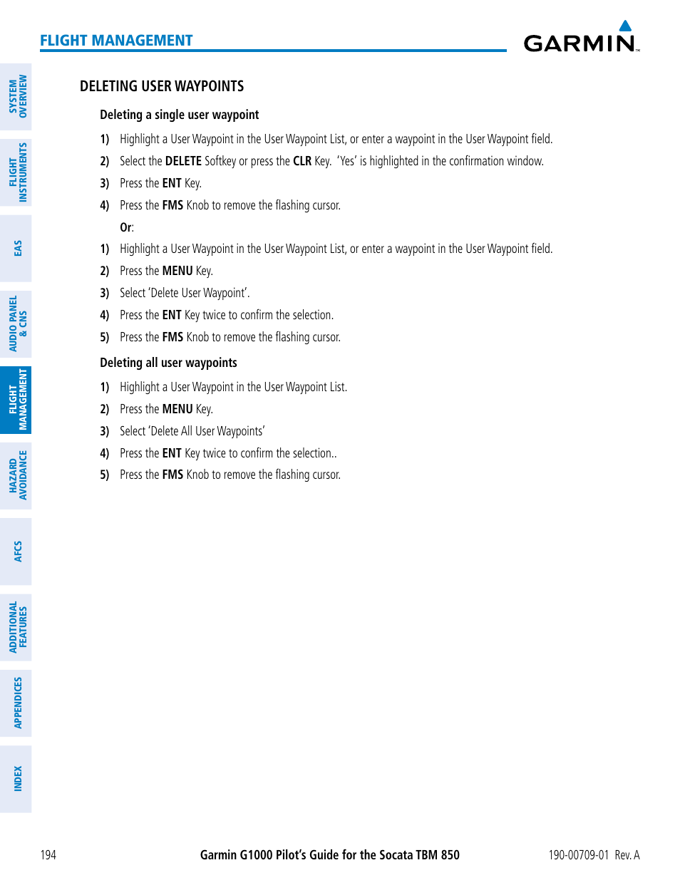 Flight management, Deleting user waypoints | Garmin G1000 Socata TBM 850 User Manual | Page 206 / 588