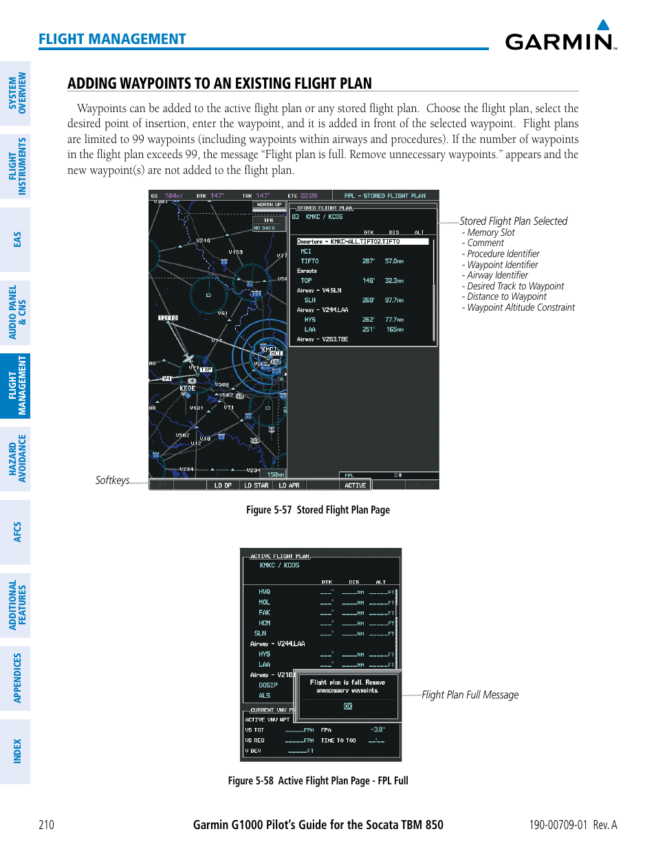 Adding waypoints to an existing flight plan, Flight management | Garmin G1000 Socata TBM 850 User Manual | Page 222 / 588