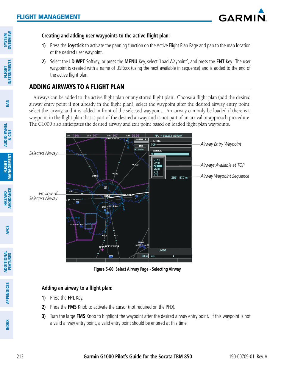 Adding airways to a flight plan, Flight management | Garmin G1000 Socata TBM 850 User Manual | Page 224 / 588