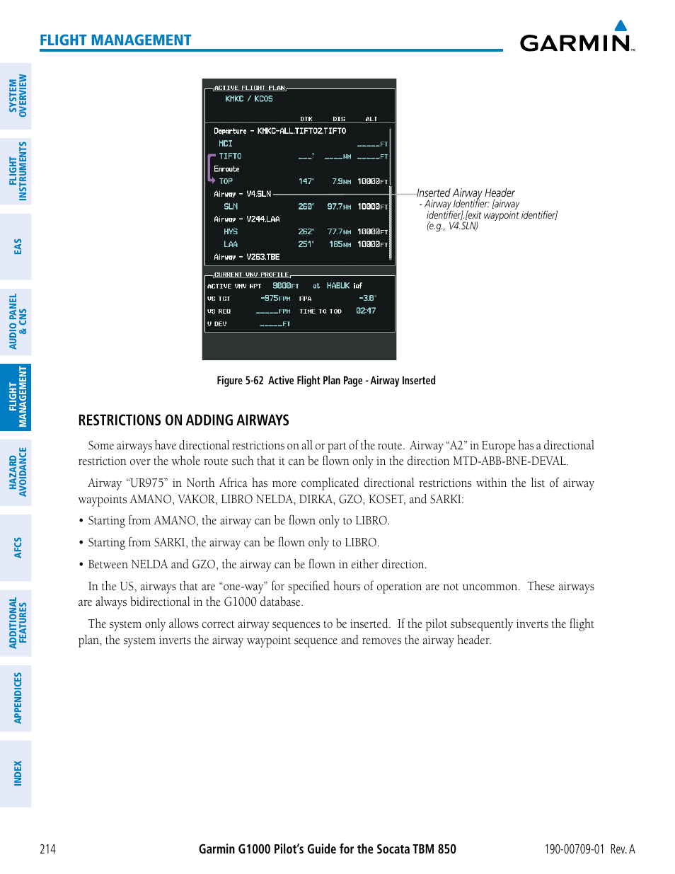 Flight management, Restrictions on adding airways | Garmin G1000 Socata TBM 850 User Manual | Page 226 / 588