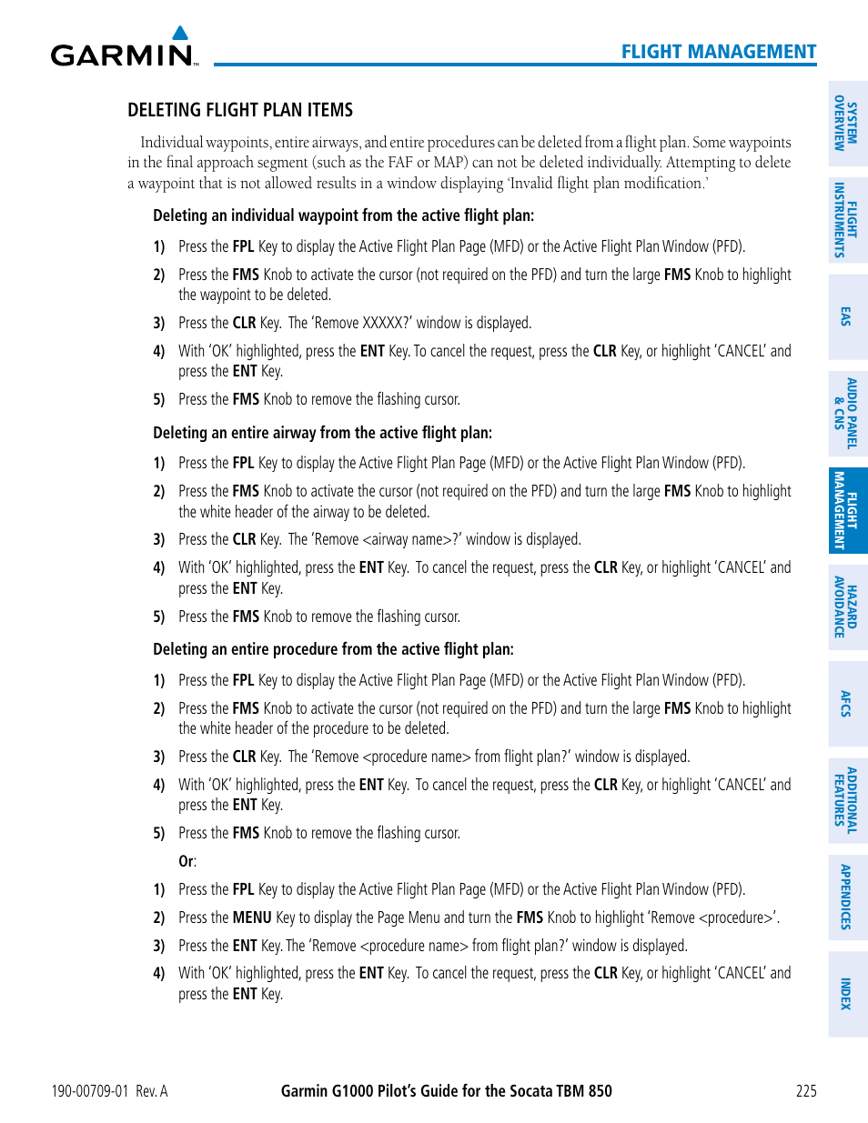 Flight management, Deleting flight plan items | Garmin G1000 Socata TBM 850 User Manual | Page 237 / 588