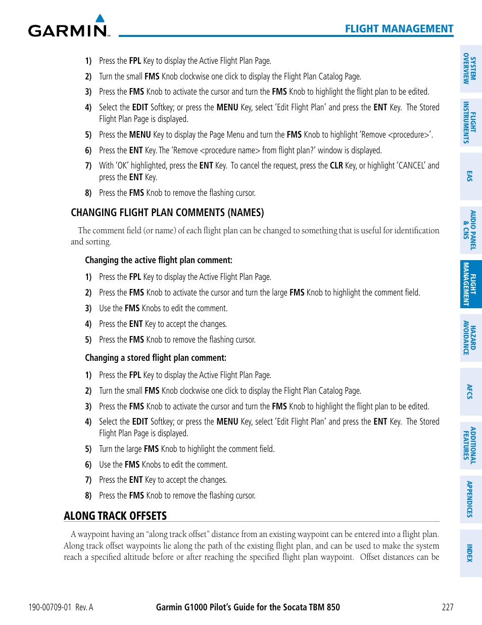 Along track offsets, Flight management, Changing flight plan comments (names) | Garmin G1000 Socata TBM 850 User Manual | Page 239 / 588