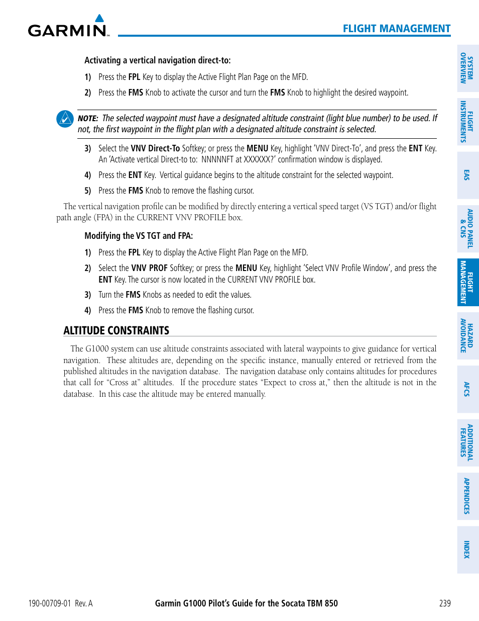 Altitude constraints, Flight management | Garmin G1000 Socata TBM 850 User Manual | Page 251 / 588