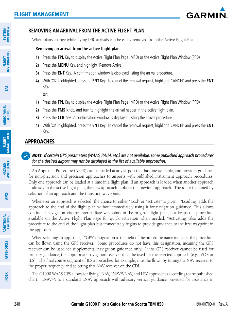 Approaches, Flight management, Removing an arrival from the active flight plan | Garmin G1000 Socata TBM 850 User Manual | Page 260 / 588