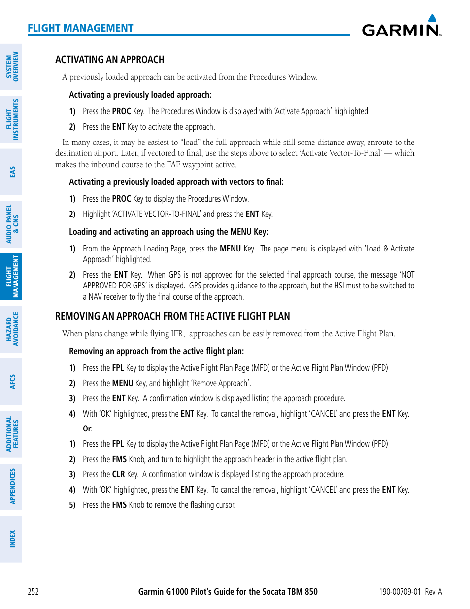 Flight management, Activating an approach, Removing an approach from the active flight plan | Garmin G1000 Socata TBM 850 User Manual | Page 264 / 588