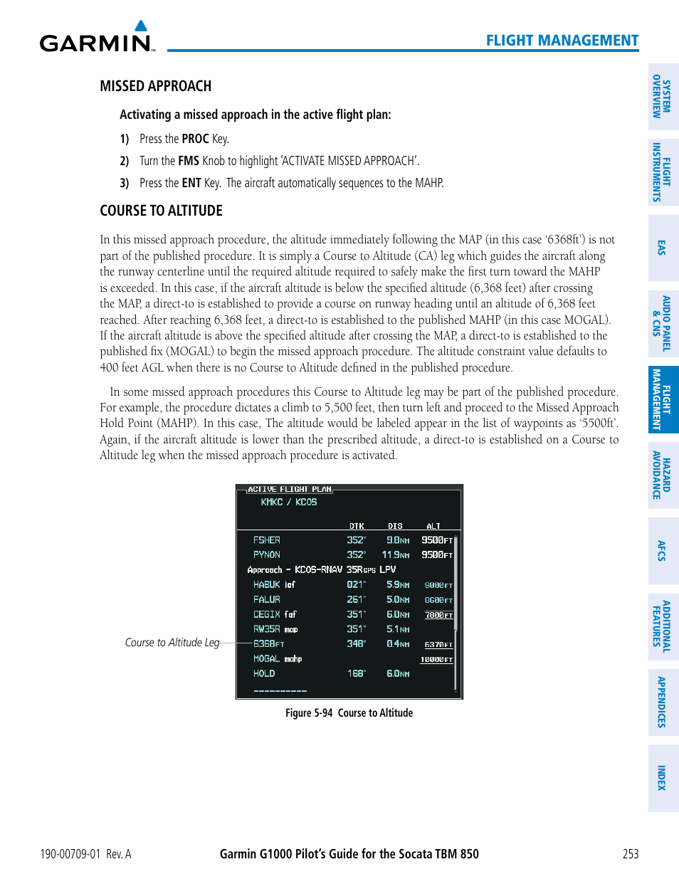 Flight management, Missed approach, Course to altitude | Garmin G1000 Socata TBM 850 User Manual | Page 265 / 588