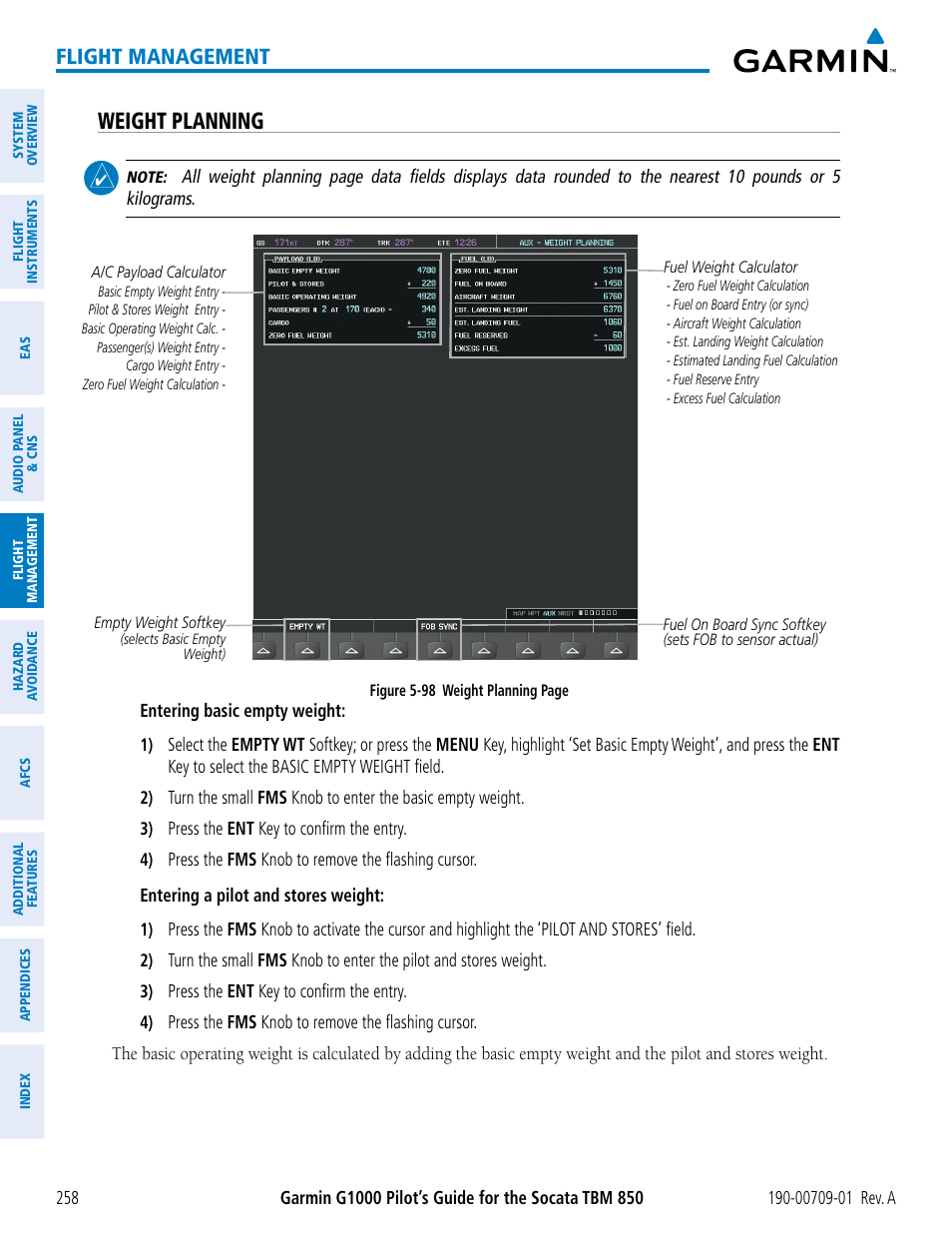 Weight planning, Flight management | Garmin G1000 Socata TBM 850 User Manual | Page 270 / 588