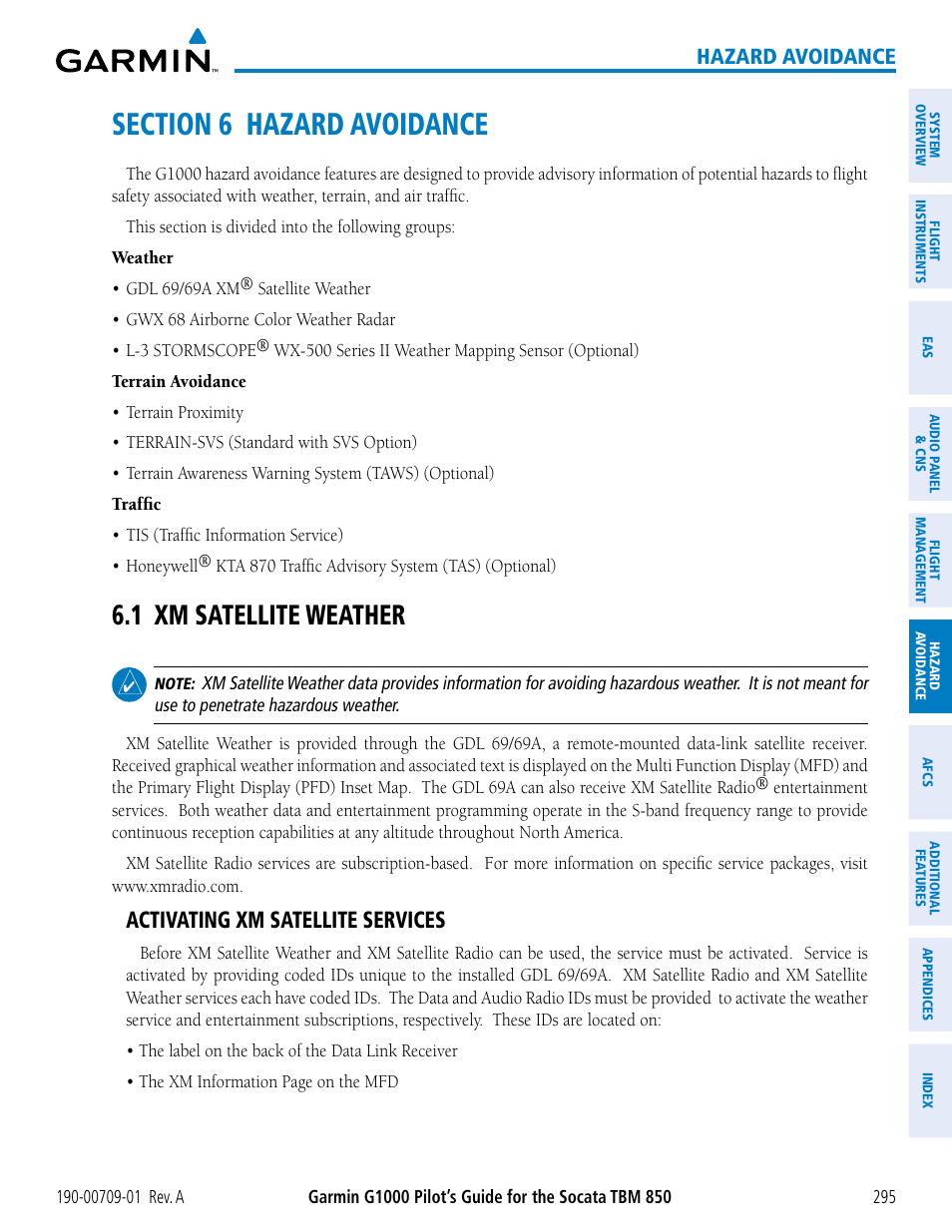 Section 6 hazard avoidance, 1 xm satellite weather, Activating xm satellite services | Hazard avoidance | Garmin G1000 Socata TBM 850 User Manual | Page 307 / 588