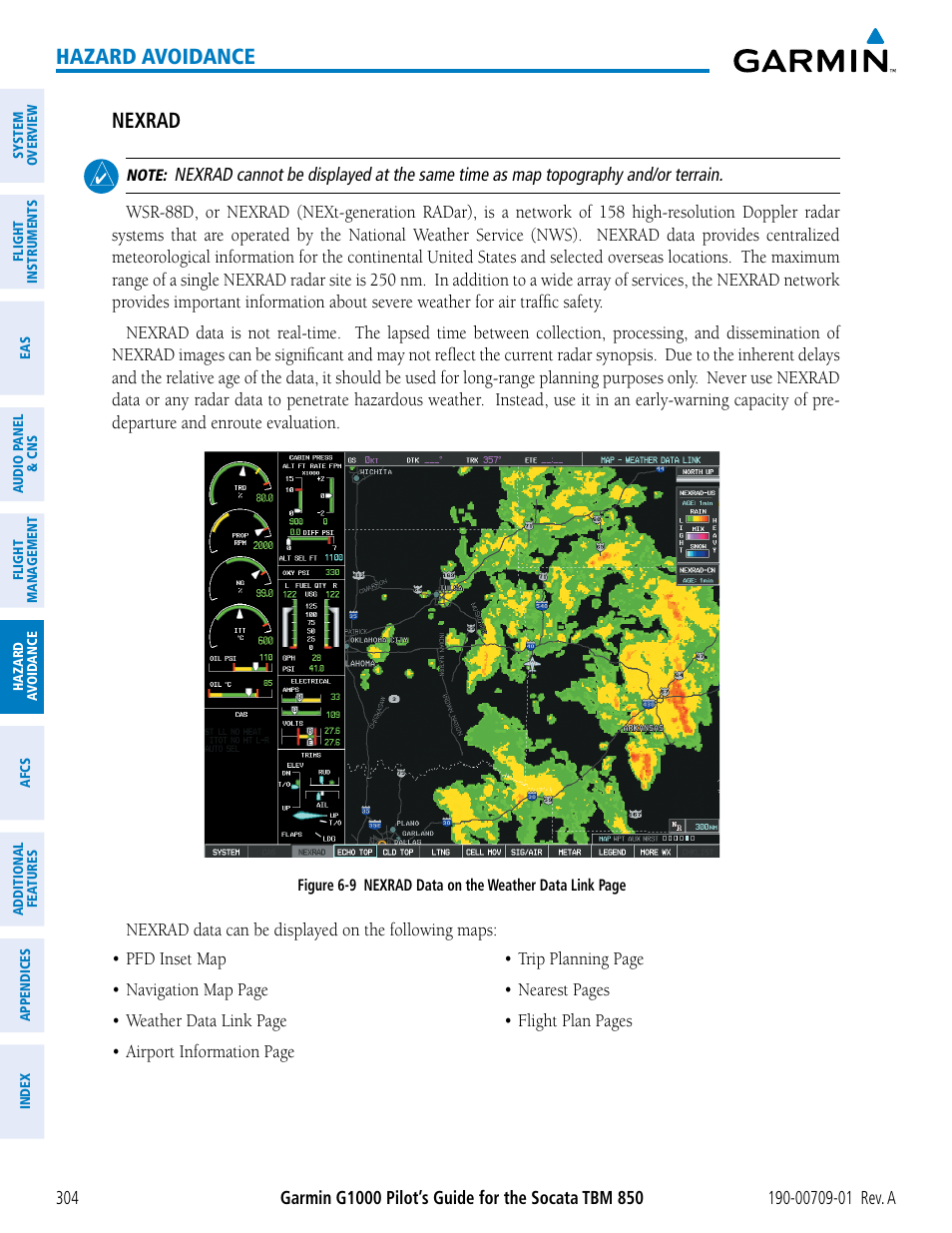 Hazard avoidance, Nexrad | Garmin G1000 Socata TBM 850 User Manual | Page 316 / 588