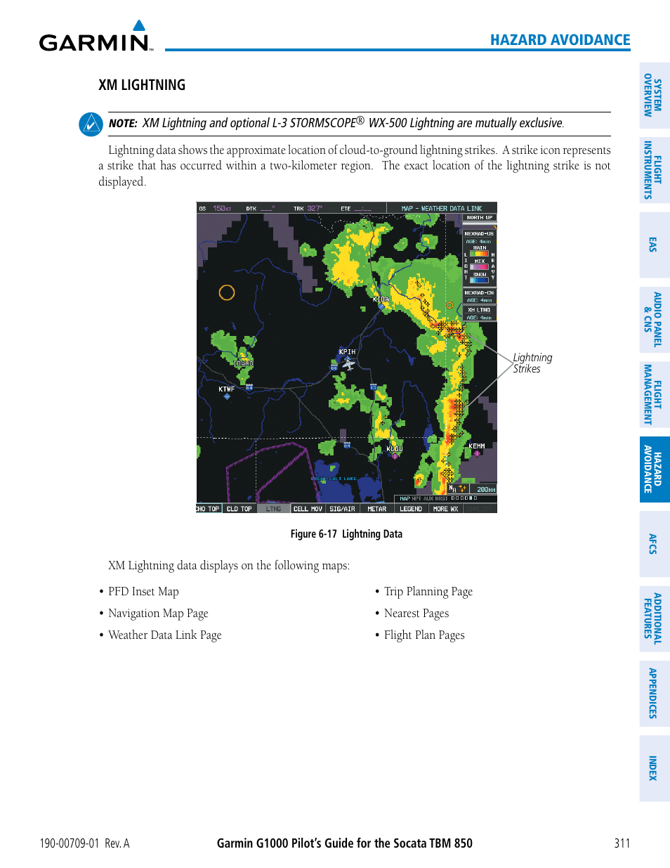 Hazard avoidance, Xm lightning | Garmin G1000 Socata TBM 850 User Manual | Page 323 / 588