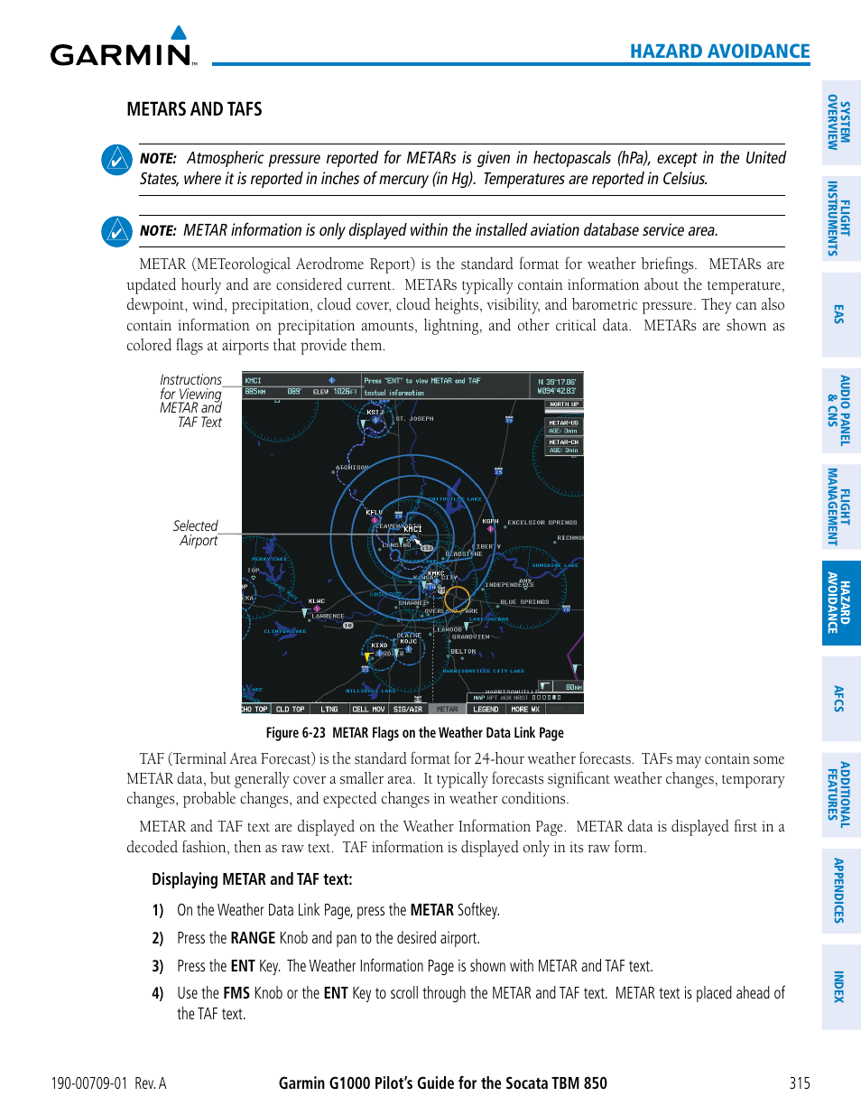 Hazard avoidance, Metars and tafs | Garmin G1000 Socata TBM 850 User Manual | Page 327 / 588