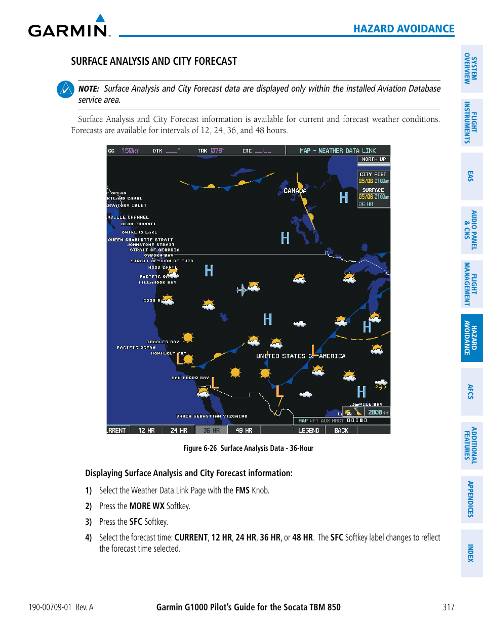 Hazard avoidance, Surface analysis and city forecast | Garmin G1000 Socata TBM 850 User Manual | Page 329 / 588