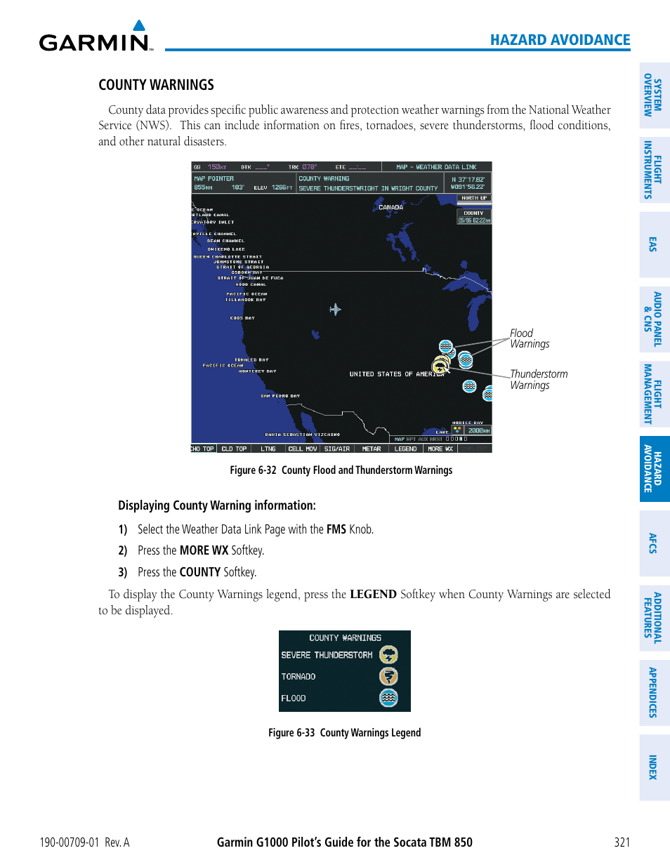 Hazard avoidance, County warnings | Garmin G1000 Socata TBM 850 User Manual | Page 333 / 588