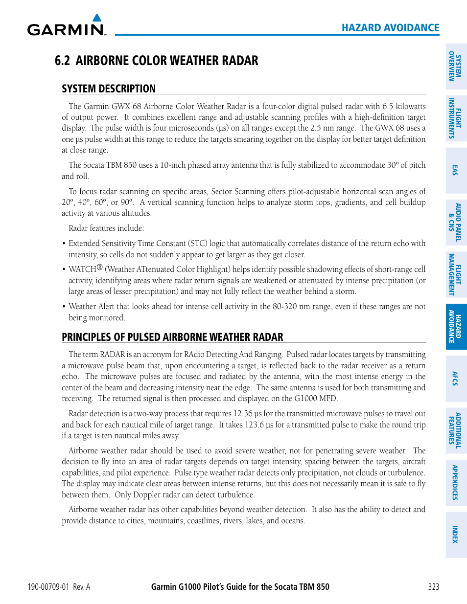 2 airborne color weather radar, System description, Principles of pulsed airborne weather radar | Hazard avoidance | Garmin G1000 Socata TBM 850 User Manual | Page 335 / 588