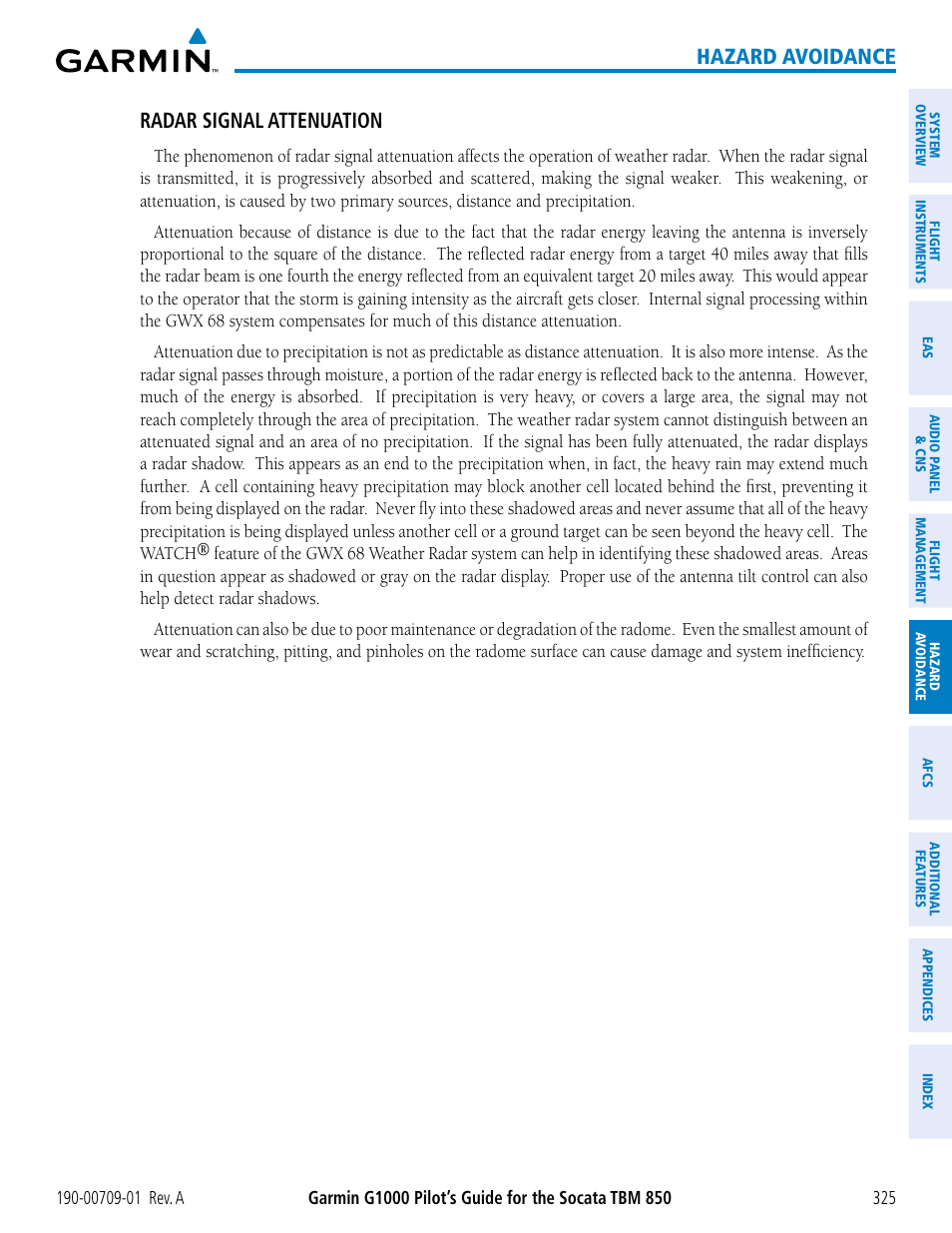 Hazard avoidance, Radar signal attenuation | Garmin G1000 Socata TBM 850 User Manual | Page 337 / 588