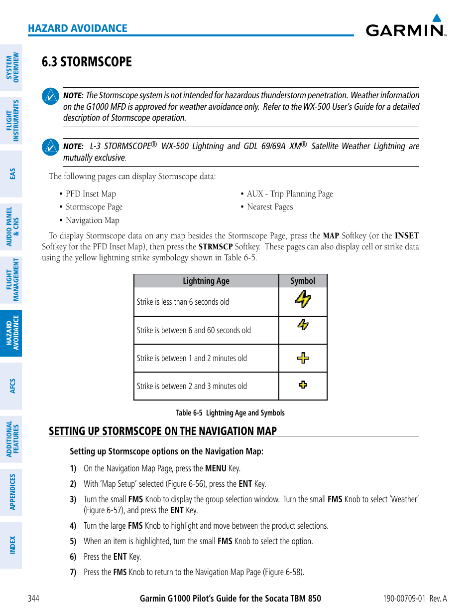 3 stormscope, Setting up stormscope on the navigation map, Hazard avoidance | Garmin G1000 Socata TBM 850 User Manual | Page 356 / 588