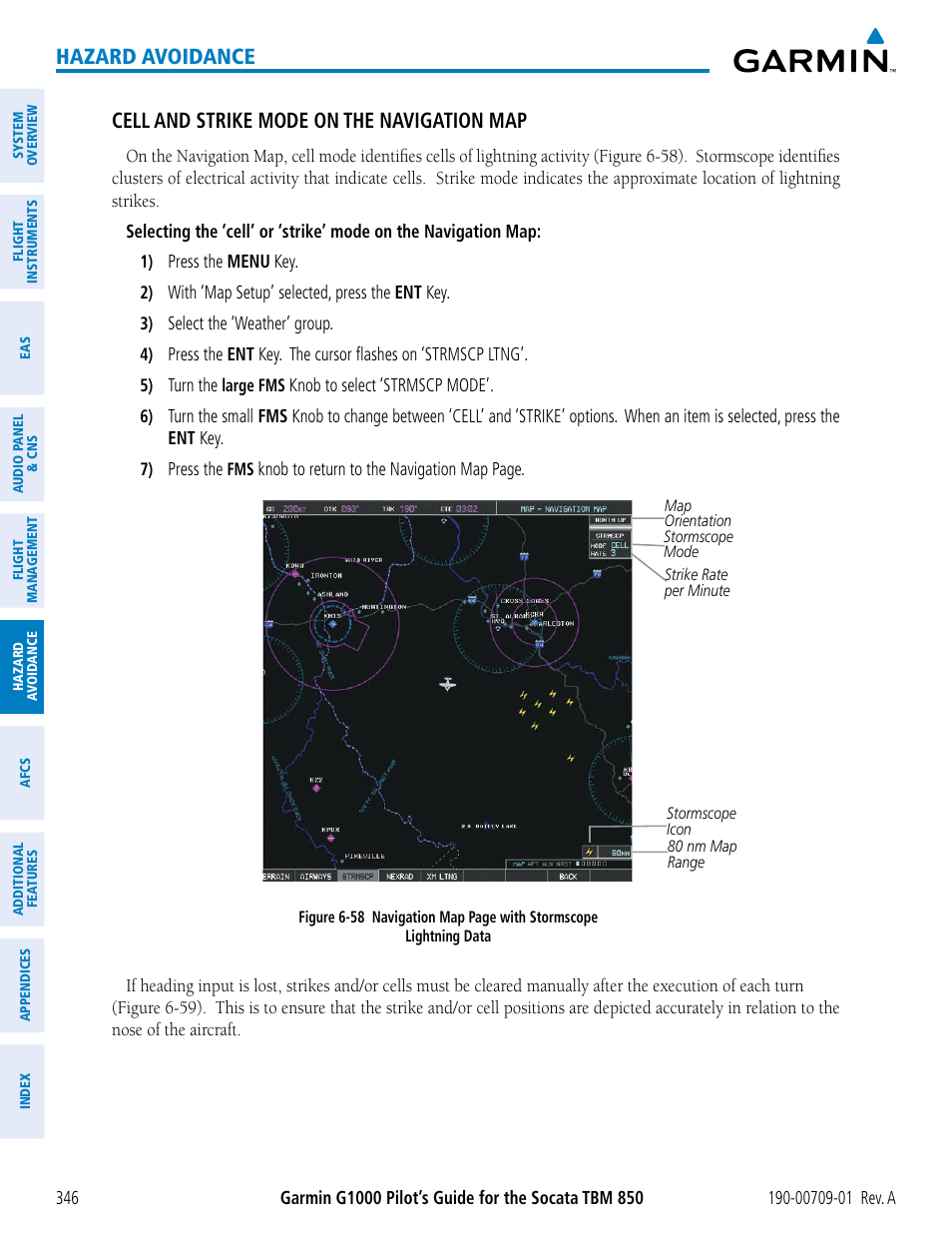 Hazard avoidance, Cell and strike mode on the navigation map | Garmin G1000 Socata TBM 850 User Manual | Page 358 / 588