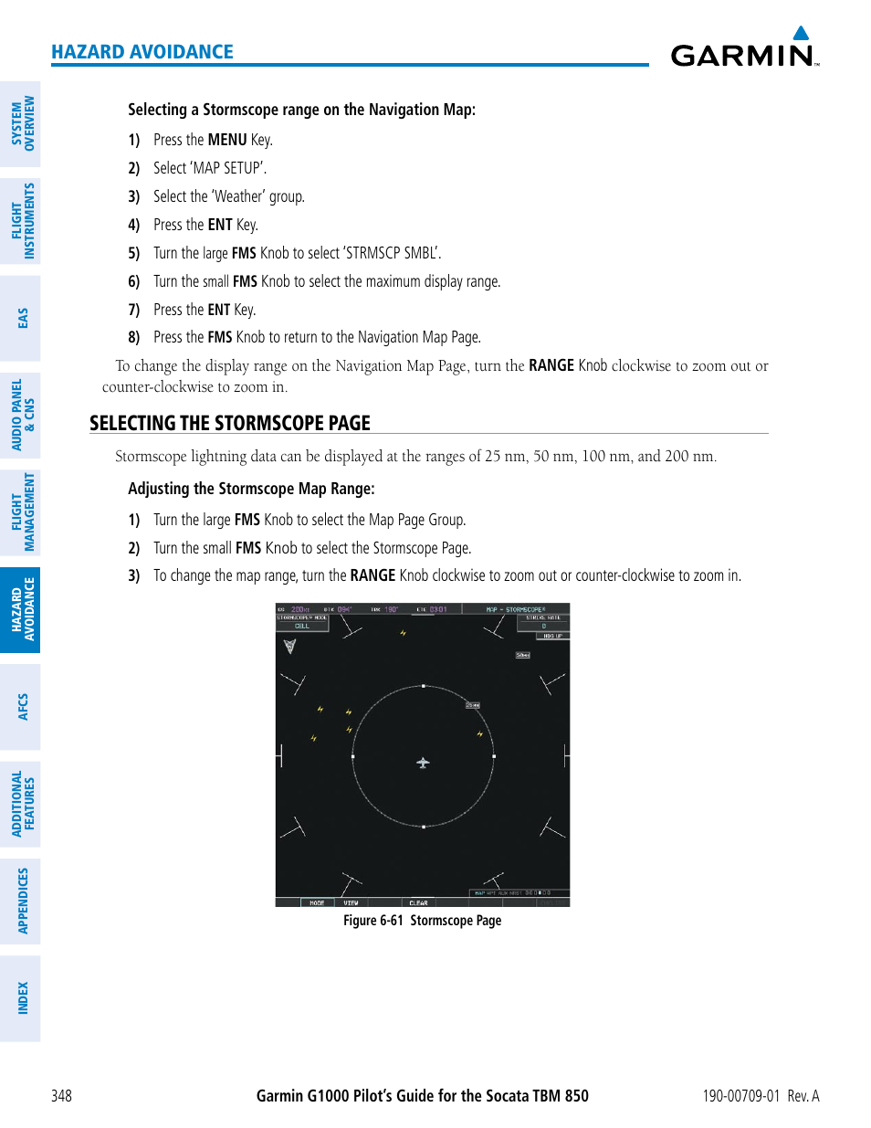 Selecting the stormscope page, Hazard avoidance | Garmin G1000 Socata TBM 850 User Manual | Page 360 / 588