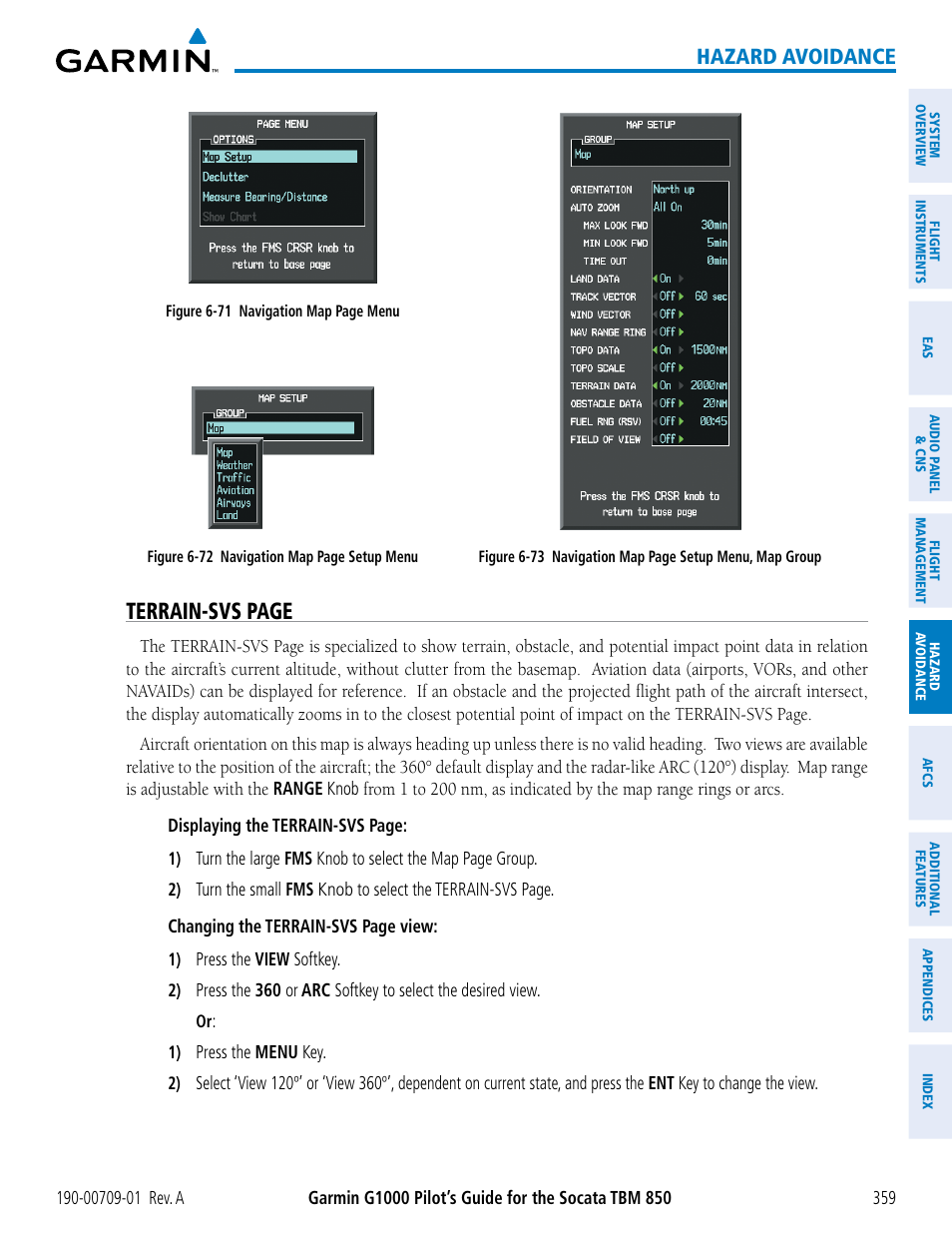 Terrain-svs page, Hazard avoidance | Garmin G1000 Socata TBM 850 User Manual | Page 371 / 588