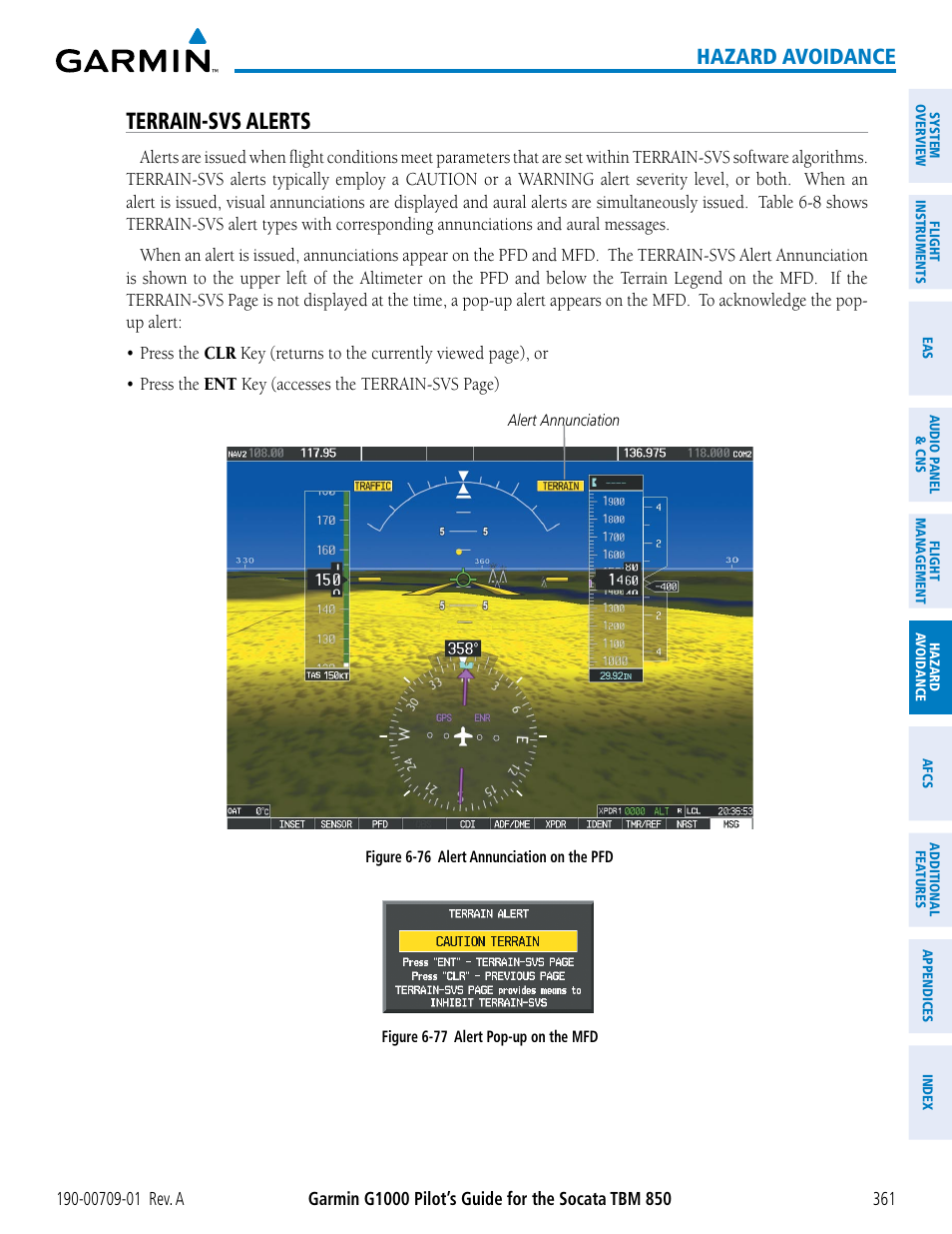 Terrain-svs alerts, Hazard avoidance | Garmin G1000 Socata TBM 850 User Manual | Page 373 / 588