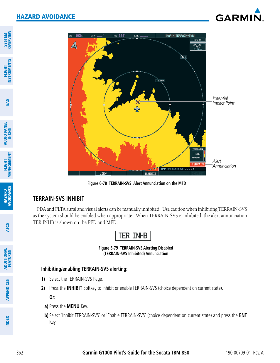 Hazard avoidance, Terrain-svs inhibit | Garmin G1000 Socata TBM 850 User Manual | Page 374 / 588