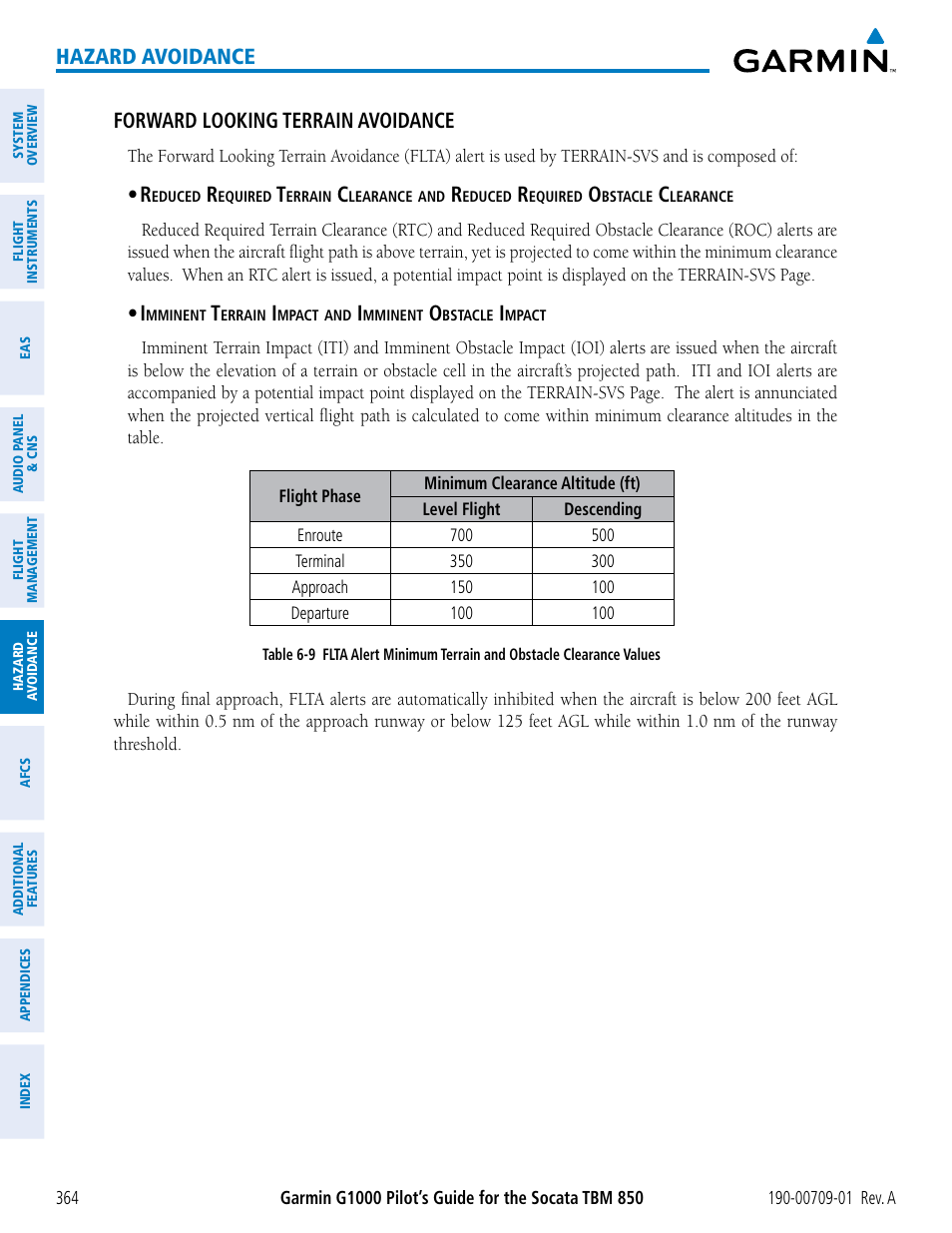 Hazard avoidance, Forward looking terrain avoidance | Garmin G1000 Socata TBM 850 User Manual | Page 376 / 588