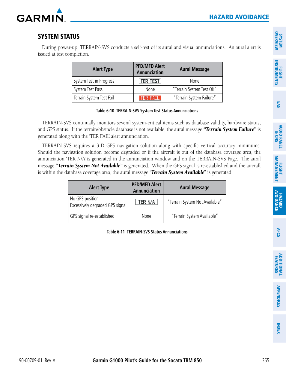 System status, Hazard avoidance | Garmin G1000 Socata TBM 850 User Manual | Page 377 / 588